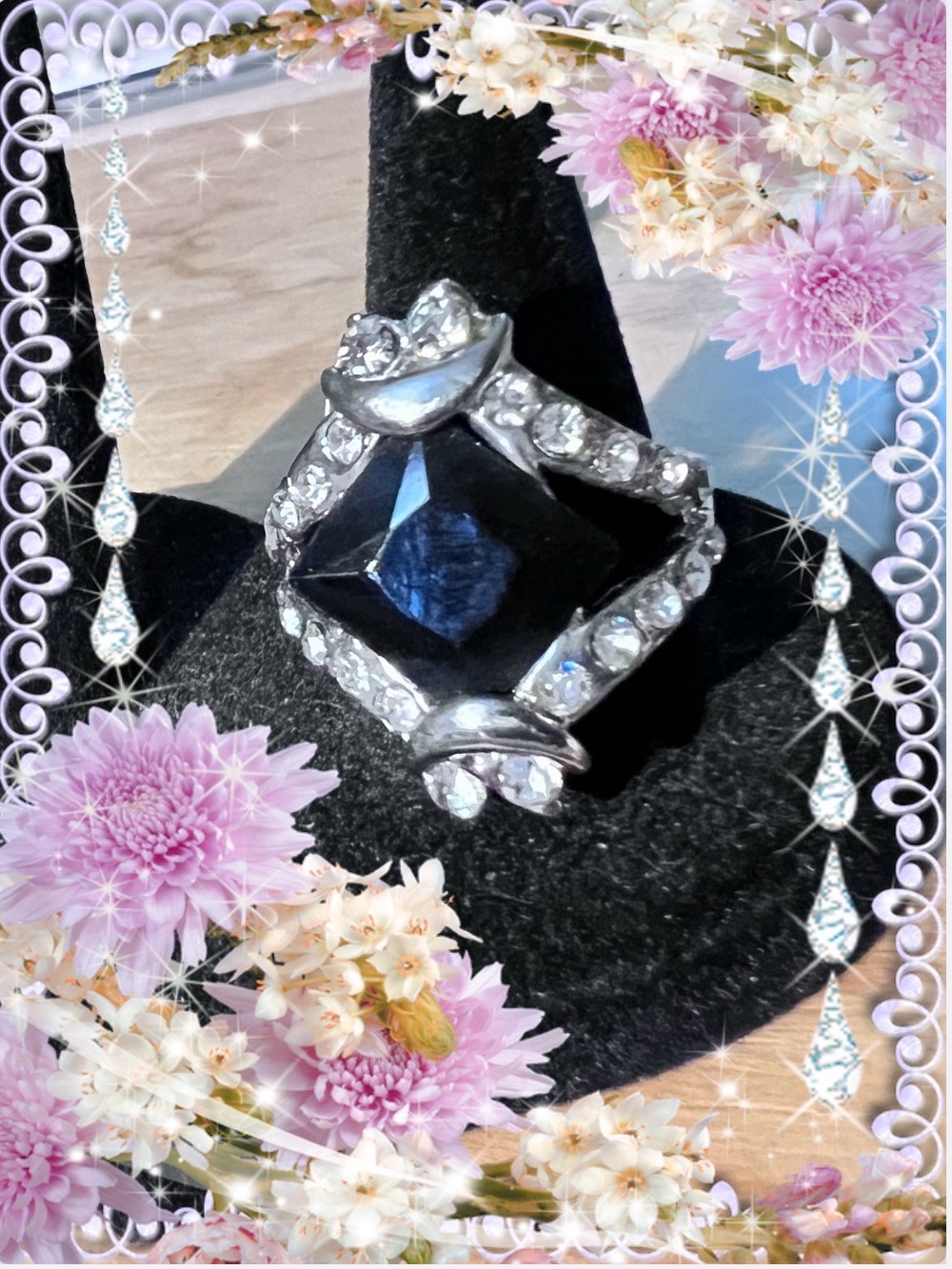 🌚 LARGE BLACK CRYSTAL COCKTAIL RING w/ ELEGANT AUSTRIAN CLEAR CRYSTALS Sz. 9